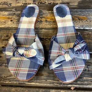 J Crew Plaid Slides with wooden sole.